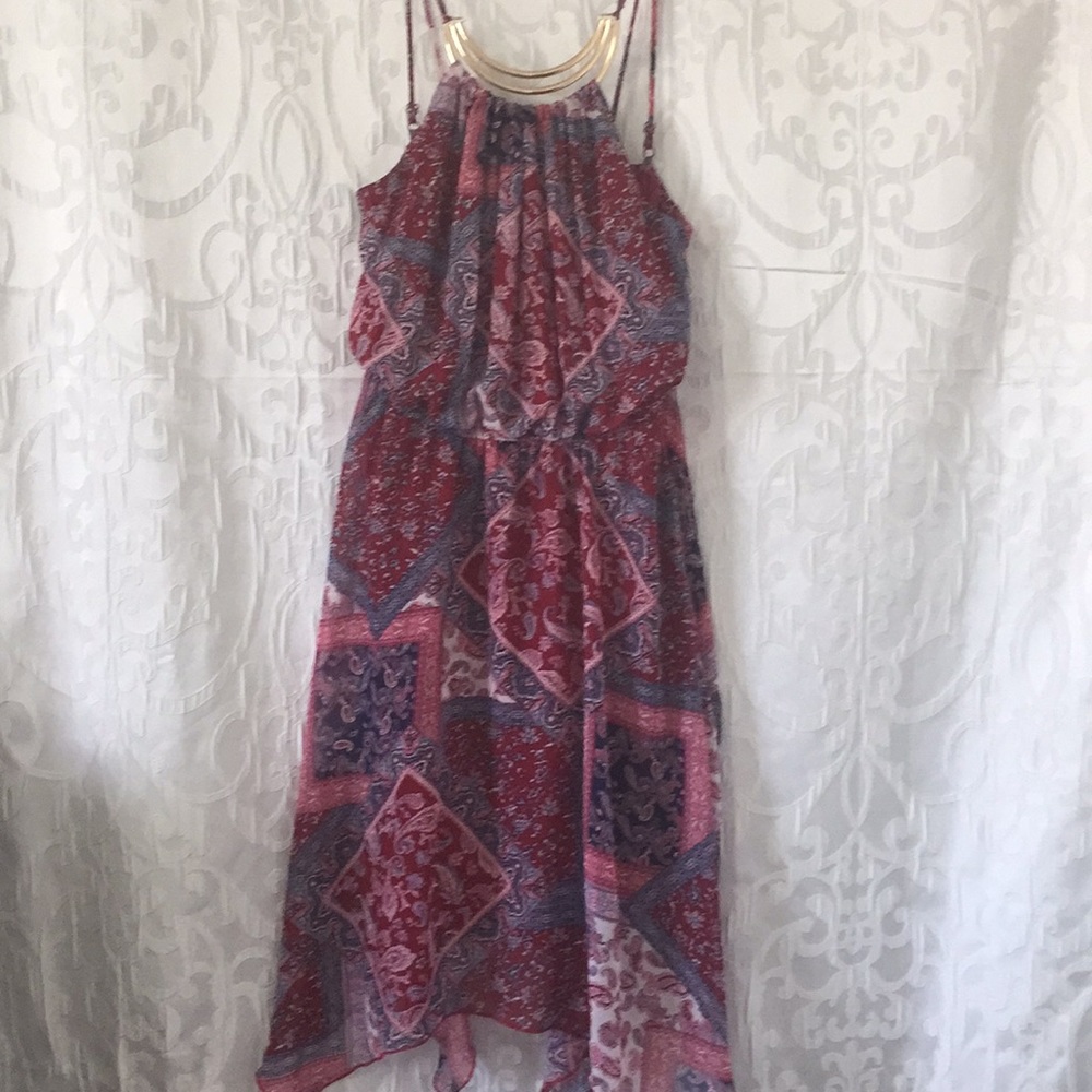 Red, blue & white high knee length dress